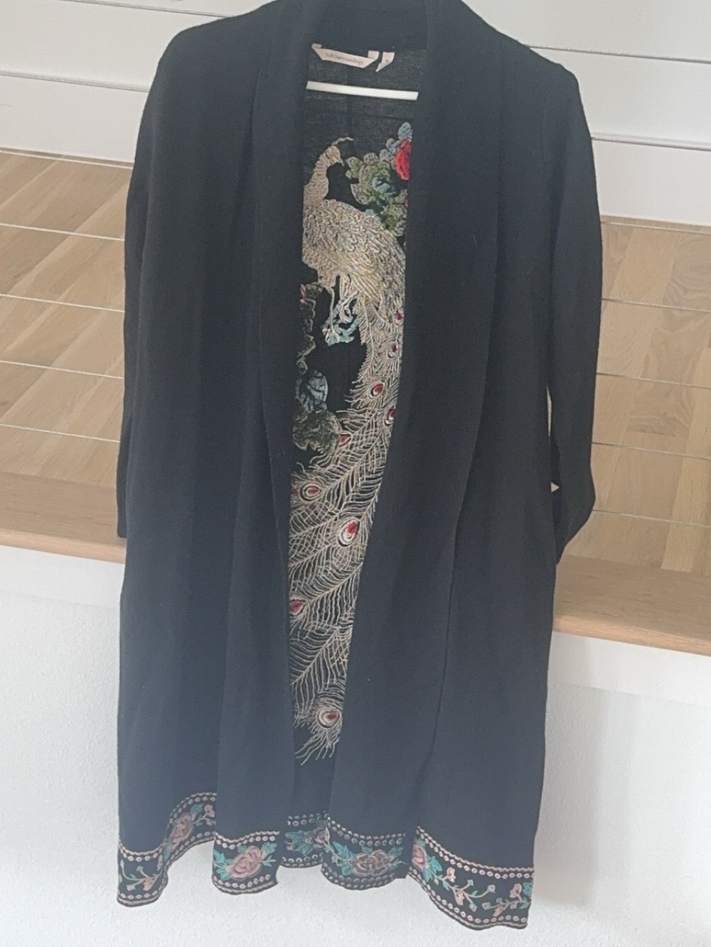 Soft Surroundings Black Kimono with Embroidered Peacock and Floral Motif